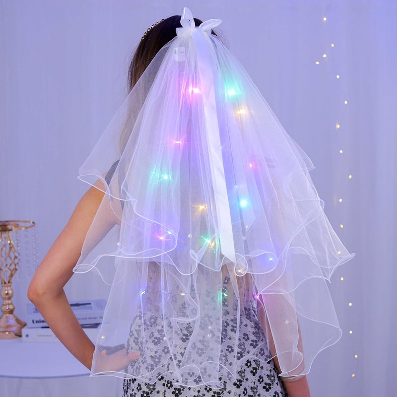 Foyte Light Up Wedding Bridal Veil 2 Tiers Bride Pearl Veils LED Bachelorette Bridal Hair Bow Short Tulle Hair Accessories - Image 4